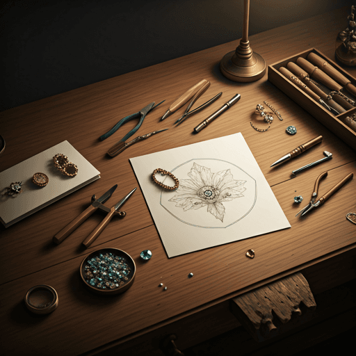 Jeweler's bench with tools, sketches, and loose stones.