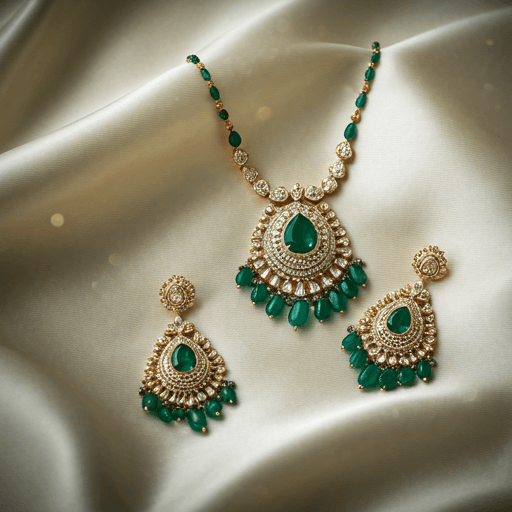 Bridal jewelry set on silk.