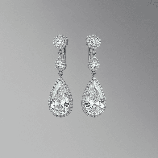 Teardrop diamond earrings on soft gray.