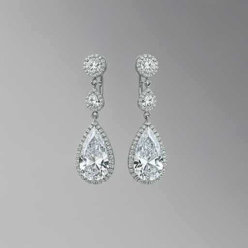 Teardrop diamond earrings on soft gray.