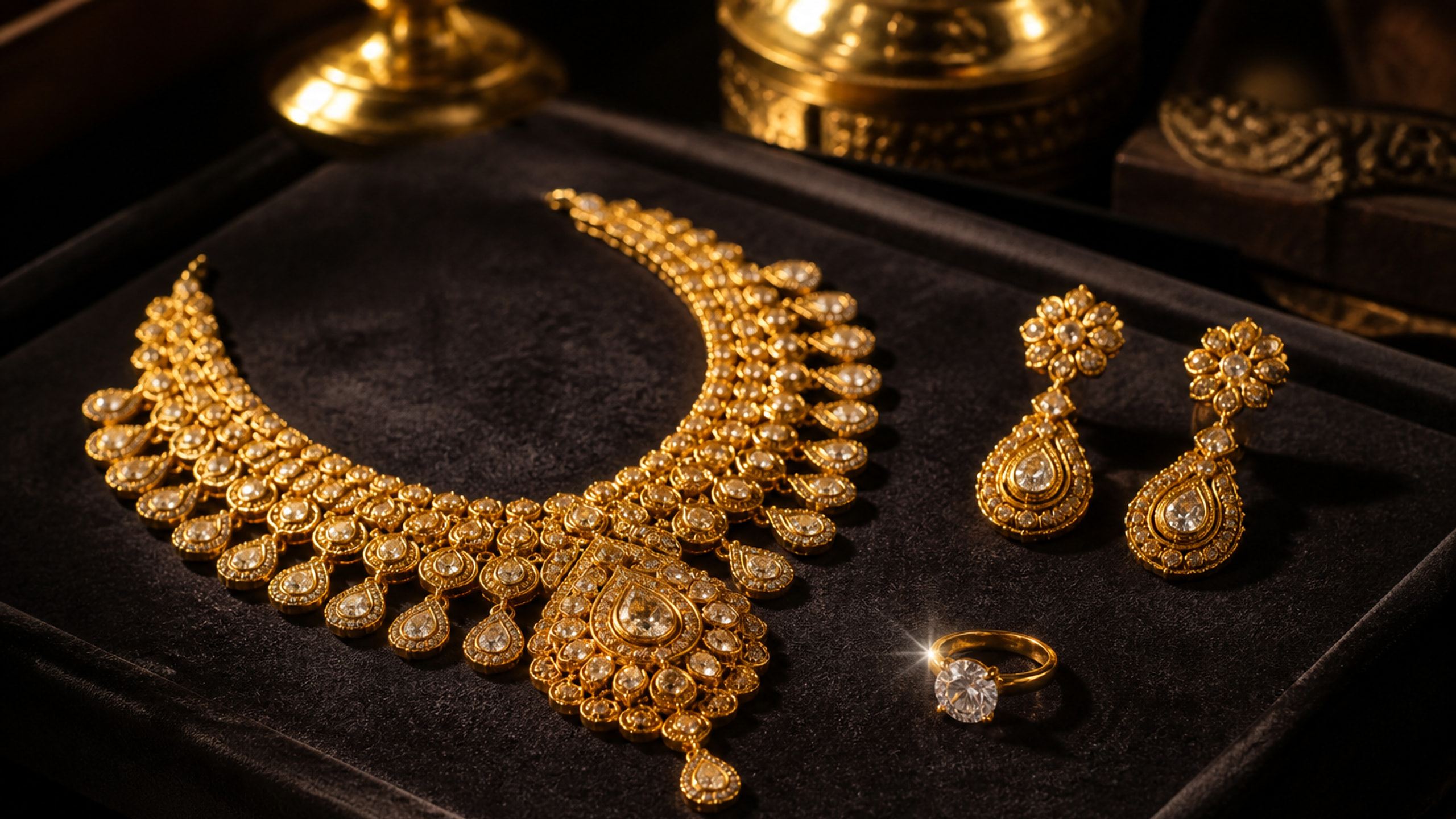 Gold necklace, drop earrings, and a solitaire ring on a dark velvet tray.