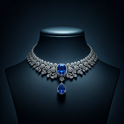 Sapphire and diamond choker on a bust against navy.